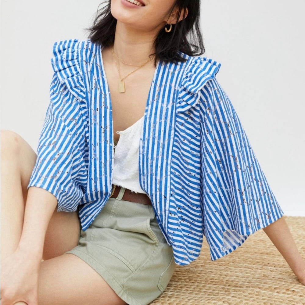 Anthropologie Blue Floral Lace Shrug One Size